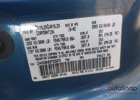 2003 Dodge Durango Sport/Sxt z USA, uszkodzony, nr VIN 1D4HS38N83F525875